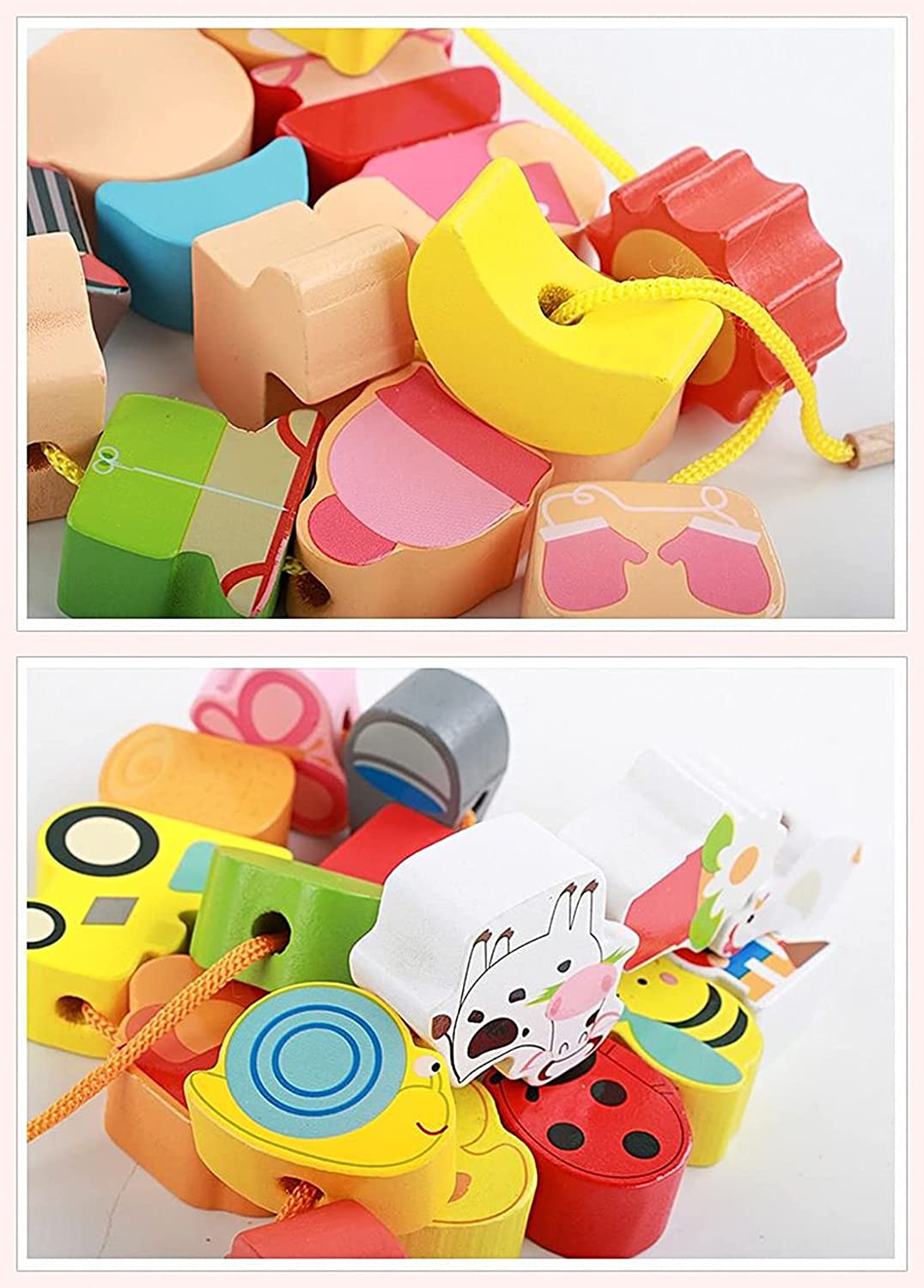 Farm Toy Wooden Block Set, Early Educational Toys String & Lacing Beads Games for Toddlers Kids Farm Animal Learning Play Set