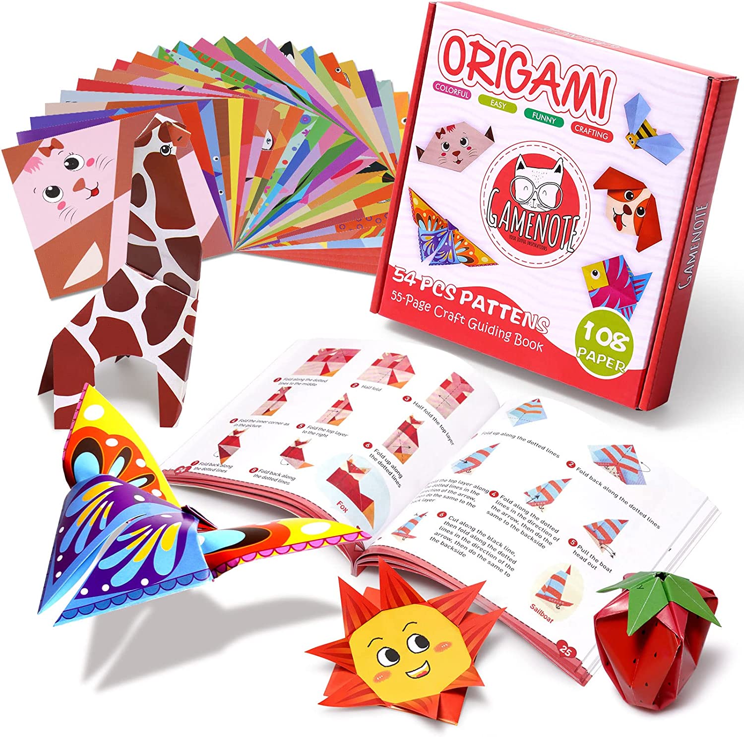 Colorful Kids Kit 108 Double Sided Vivid Origami Paper 12 Sheets 
