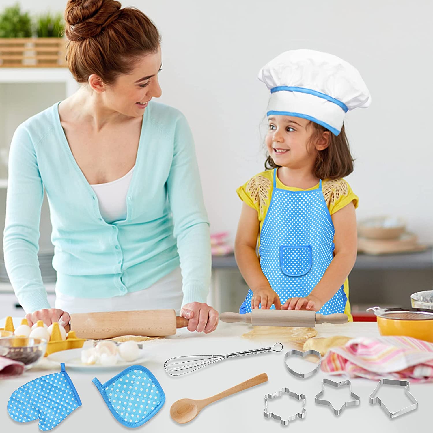 Kids Cooking And Baking Set,11 Pcs Kids Aprons for Girls,Chef Costume Set,Includes Kids Apron And Chef Hat,Mitt & Cooking Cutters,Toddler Chef Role Play Cooking Toys Gifts for Girls Ages 3-8 (Blue)