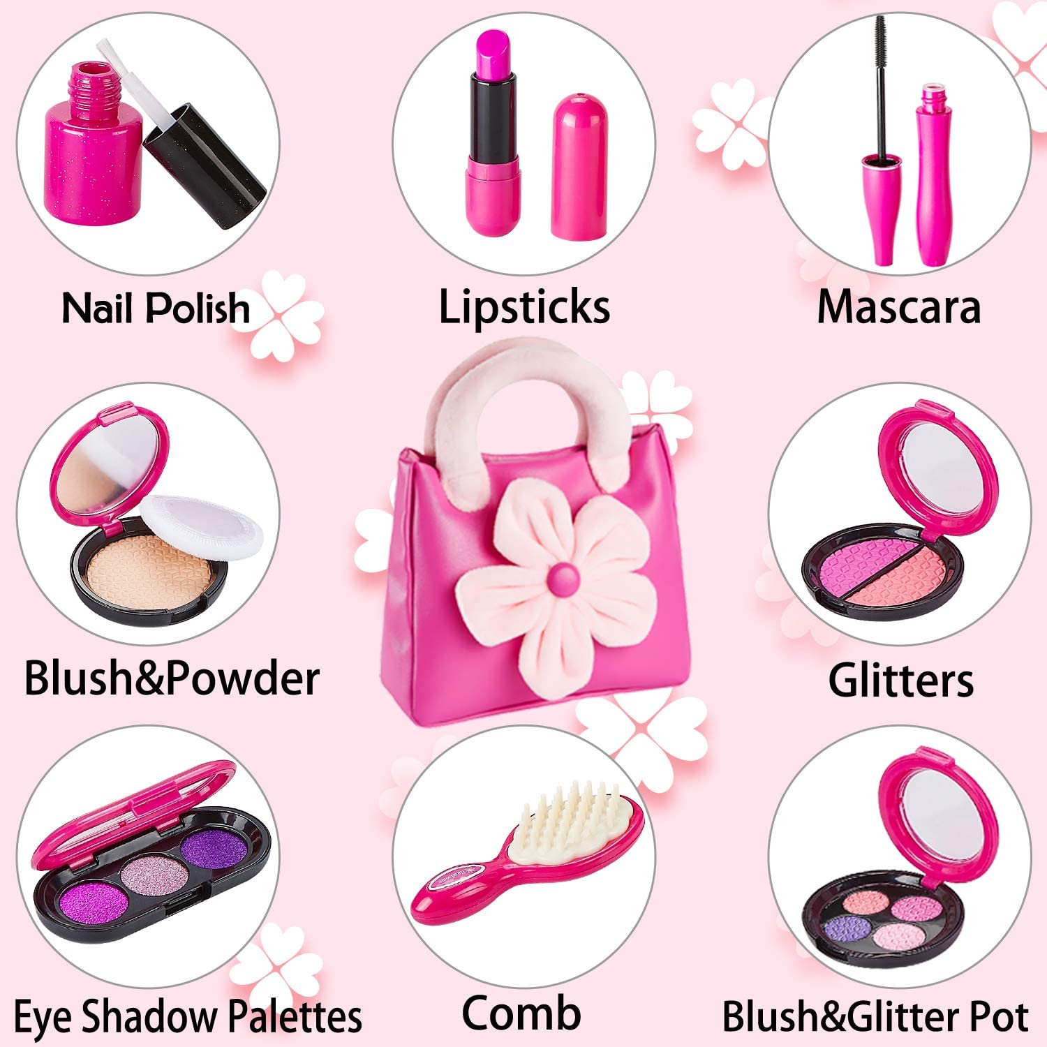 Play Makeup Set with Pink Floral Tote Bag for Little Girls Age 3+